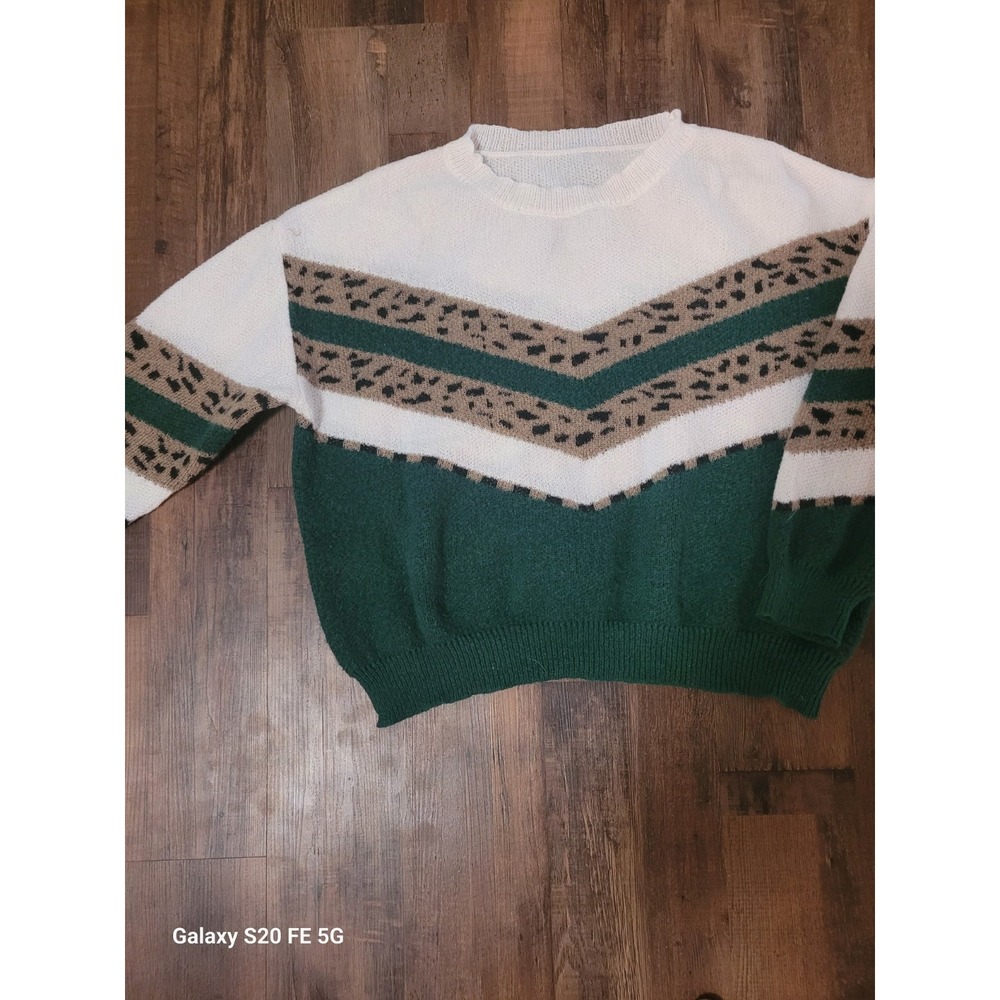 Womens 2XL Mobwife Colorblock Knit Sweater Green & Animal Print